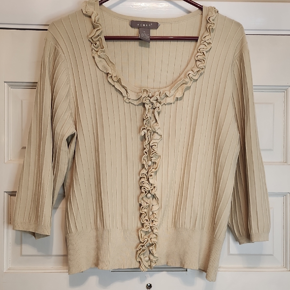 Kenar Ruffled Scoop Neck Dressy Cardigan in Beige With Cloth Buttons